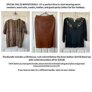 Bundle:silk blouse, rust-colored below-the-knee leather skirt & black top-$30